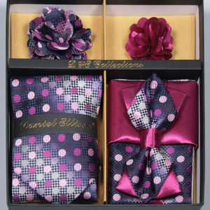 6 Piece Pink Purple Silver Necktie & Bow Tie Set